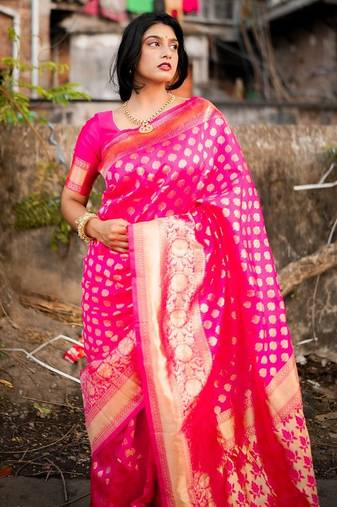 Pink woven silk unstitched blouse piece elegant traditional saree