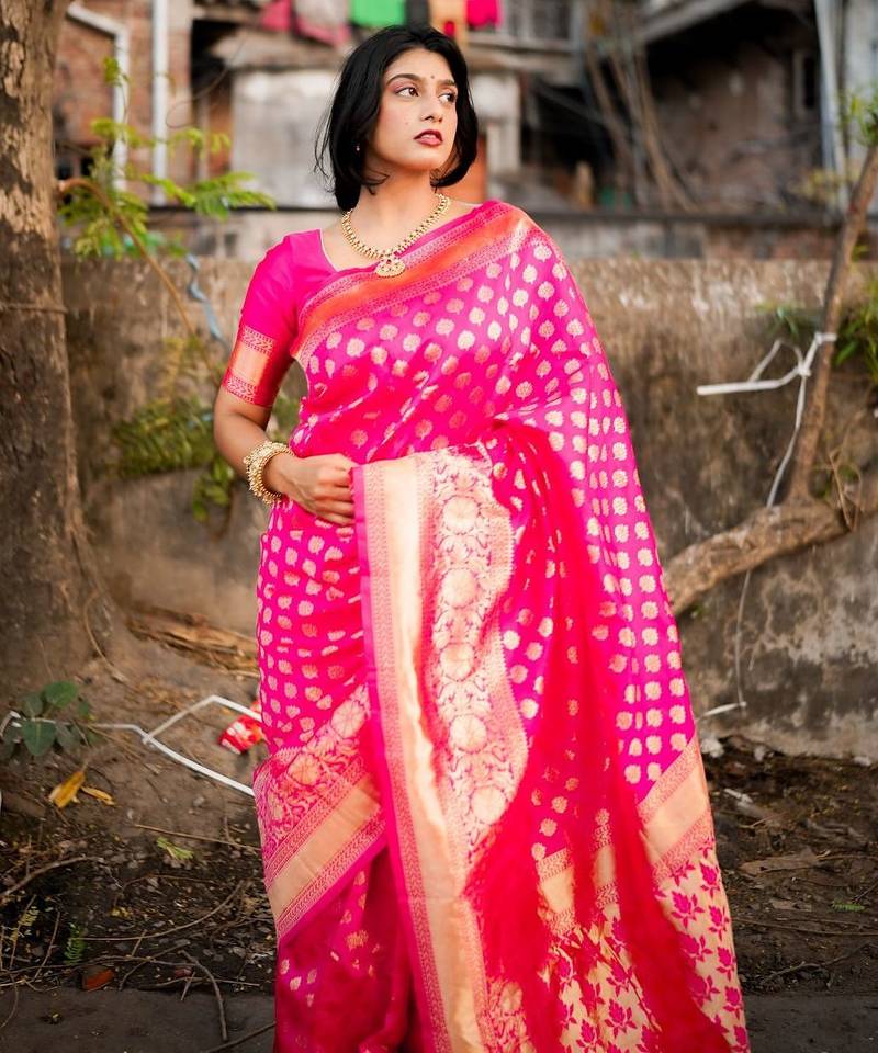 Pink woven silk unstitched blouse piece elegant traditional saree