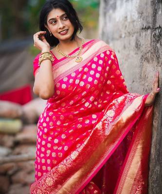 Pink woven silk unstitched blouse piece elegant traditional saree 2
