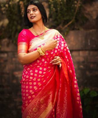 Pink woven silk unstitched blouse piece elegant traditional saree 3