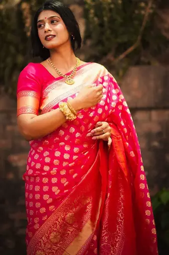 Pink woven silk unstitched blouse piece elegant traditional saree