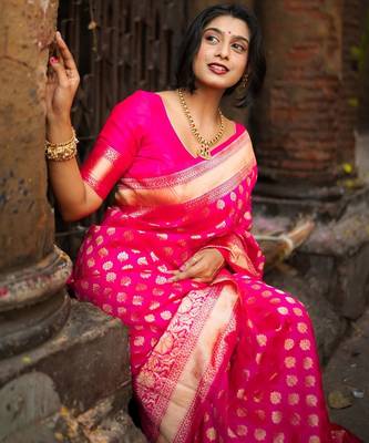 Pink woven silk unstitched blouse piece elegant traditional saree 4
