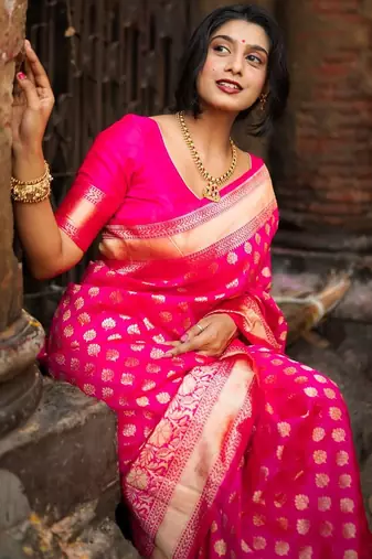 Pink woven silk unstitched blouse piece elegant traditional saree