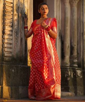 Red woven silk unstitched blouse piece elegant traditional saree 1