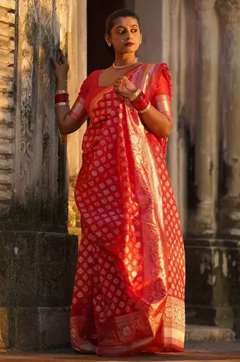 Red woven silk unstitched blouse piece elegant traditional saree