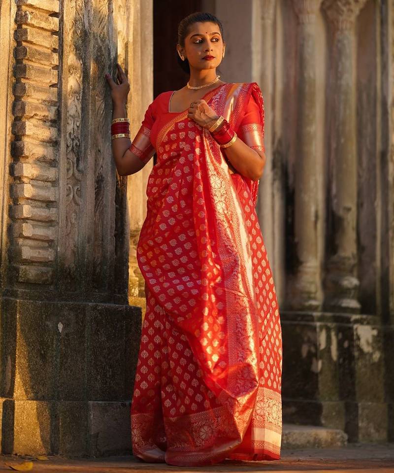 Red woven silk unstitched blouse piece elegant traditional saree
