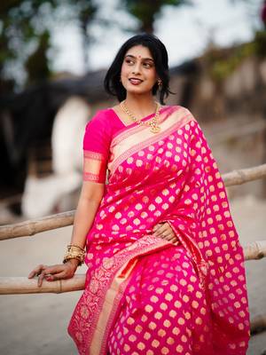 Pink woven silk unstitched blouse piece elegant traditional saree 5
