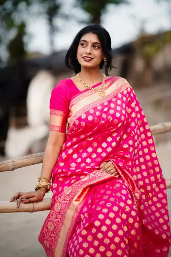 Pink woven silk unstitched blouse piece elegant traditional saree
