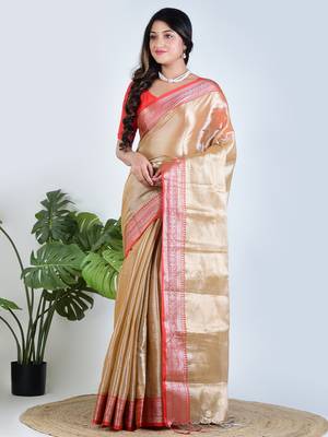 Gold plain tissue unstitched blouse piece elegant traditional saree 1