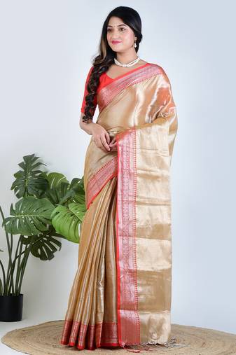 Gold plain tissue unstitched blouse piece elegant traditional saree