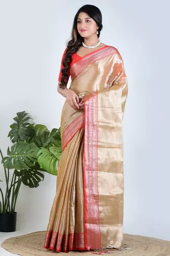 Gold plain tissue unstitched blouse piece elegant traditional saree