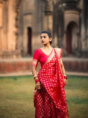 Red woven silk unstitched blouse piece elegant traditional saree 2