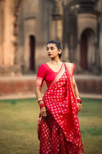Red woven silk unstitched blouse piece saree