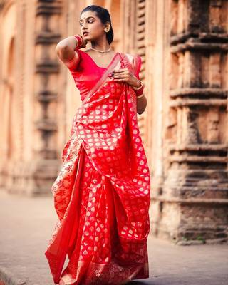 Red woven silk unstitched blouse piece elegant traditional saree 3