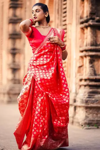 Red woven silk unstitched blouse piece saree