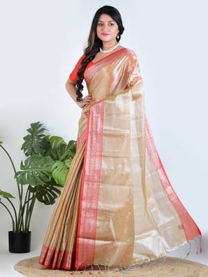 Gold plain tissue unstitched blouse piece elegant traditional saree 2