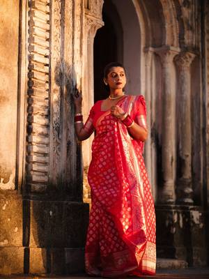 Red woven silk unstitched blouse piece elegant traditional saree 4
