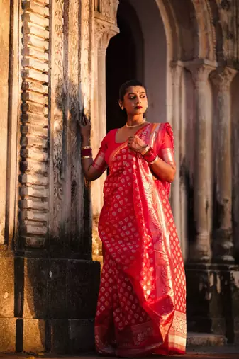 Red woven silk unstitched blouse piece saree