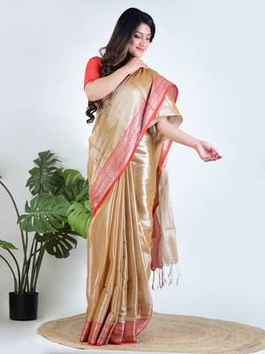 Gold plain tissue unstitched blouse piece elegant traditional saree 3