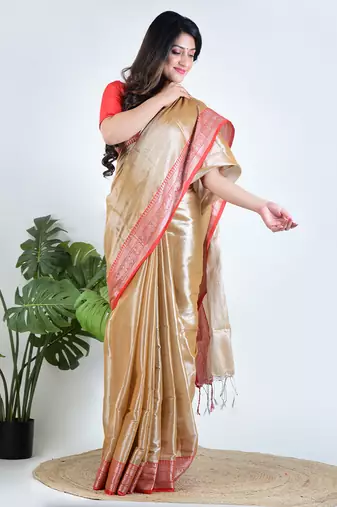 Gold plain tissue unstitched blouse piece elegant traditional saree