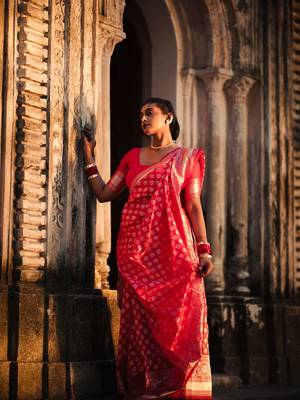 Red woven silk unstitched blouse piece elegant traditional saree 5