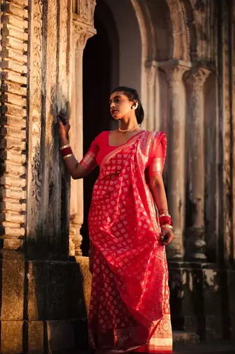 Red woven silk unstitched blouse piece saree