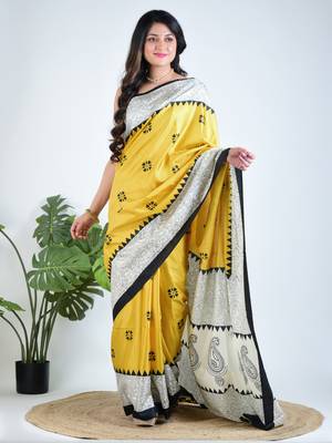 Yellow printed silk unstitched blouse piece elegant traditional saree 1