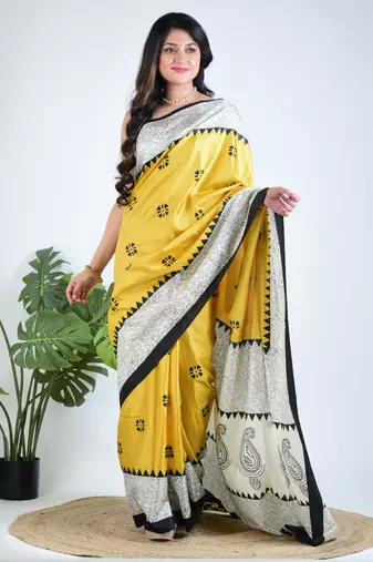 Yellow printed silk unstitched blouse piece elegant traditional saree