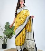 Yellow printed silk unstitched blouse piece elegant traditional saree