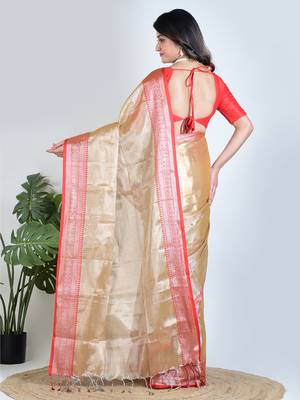 Gold plain tissue unstitched blouse piece elegant traditional saree 4