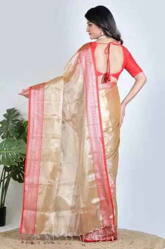 Gold plain tissue unstitched blouse piece elegant traditional saree