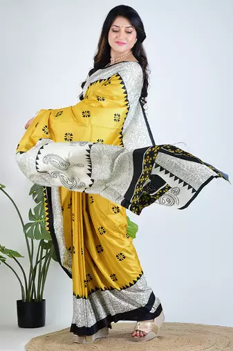 Yellow printed silk unstitched blouse piece elegant traditional saree