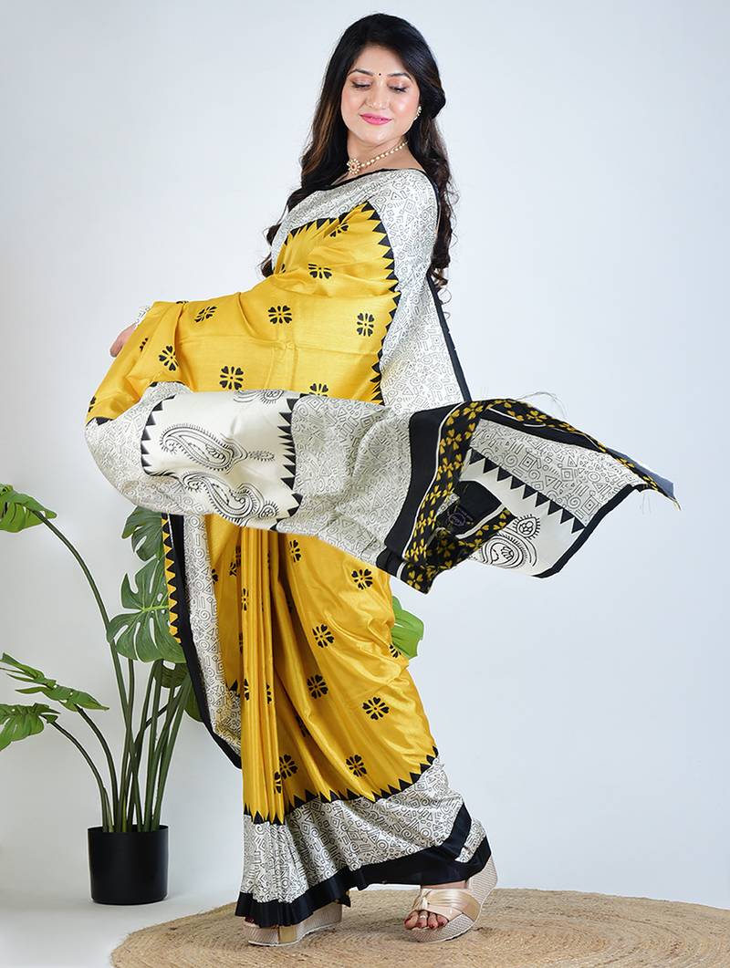 Yellow printed silk unstitched blouse piece elegant traditional saree