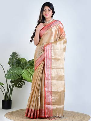 Gold plain tissue unstitched blouse piece elegant traditional saree 5
