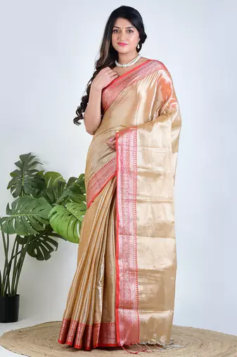 Gold plain tissue unstitched blouse piece elegant traditional saree