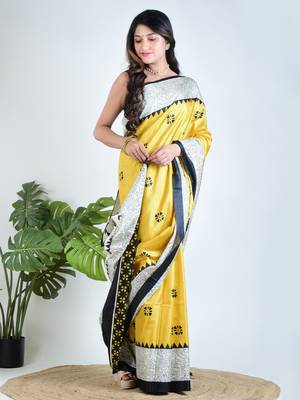 Yellow printed silk unstitched blouse piece elegant traditional saree 3