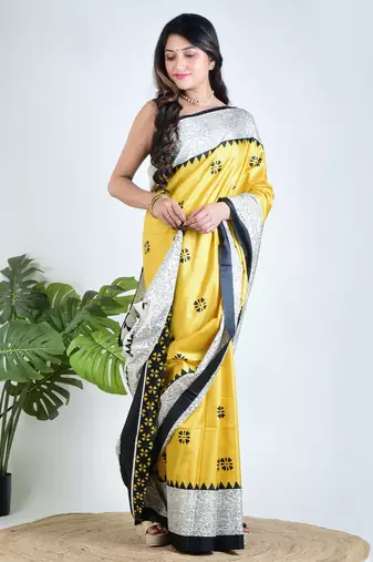 Yellow printed silk unstitched blouse piece elegant traditional saree