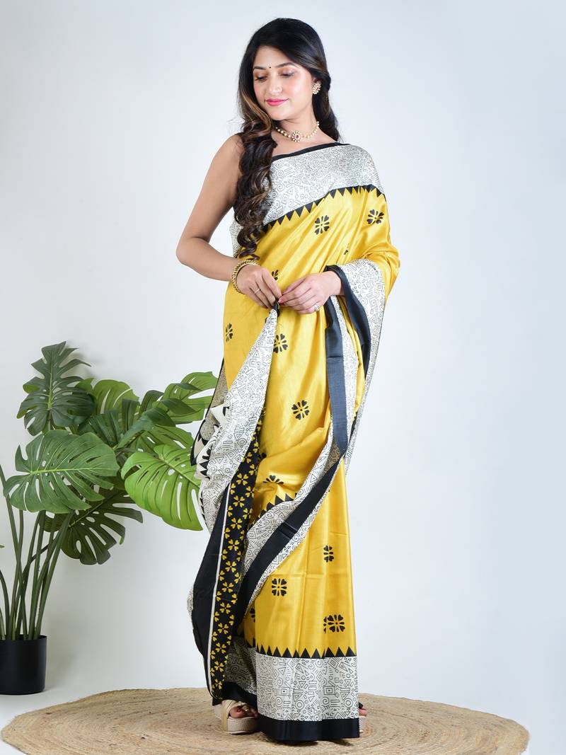 Yellow printed silk unstitched blouse piece elegant traditional saree