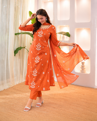 Womens orange rayon straight kurta set hand embroidered festival wear 1
