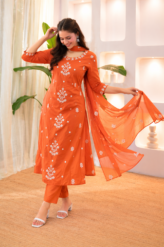Womens orange rayon straight kurta set hand embroidered festival wear