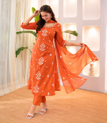Womens orange rayon straight kurta set hand embroidered festival wear