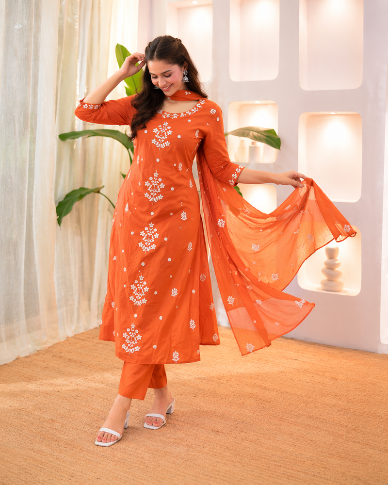 Womens orange rayon straight kurta set hand embroidered festival wear