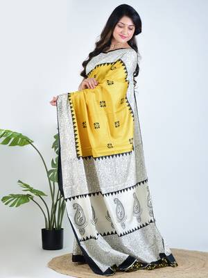 Yellow printed silk unstitched blouse piece elegant traditional saree 4