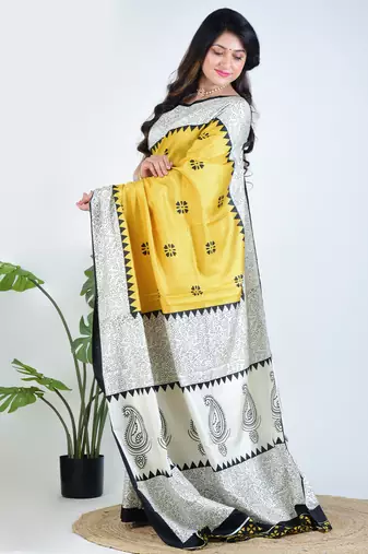 Yellow printed silk unstitched blouse piece elegant traditional saree