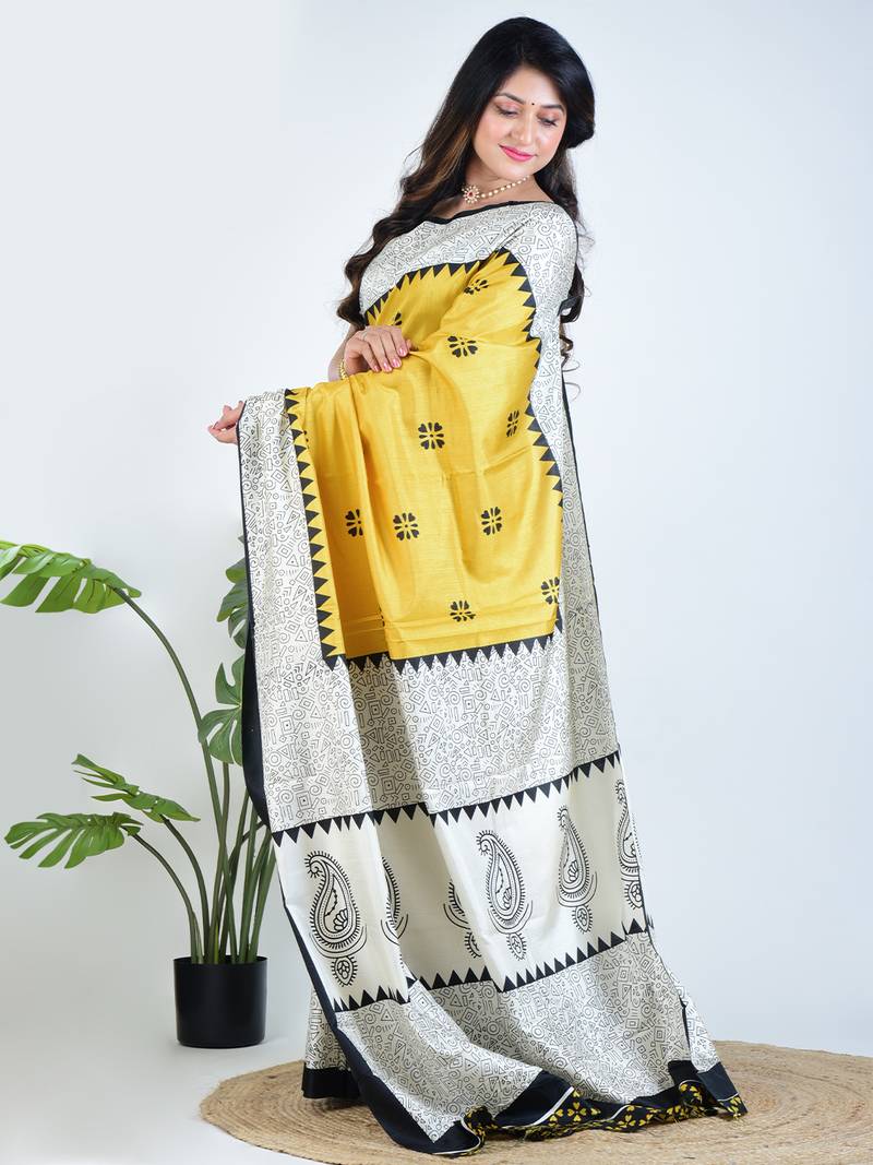 Yellow printed silk unstitched blouse piece elegant traditional saree
