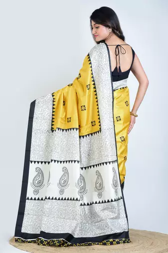 Yellow printed silk unstitched blouse piece elegant traditional saree