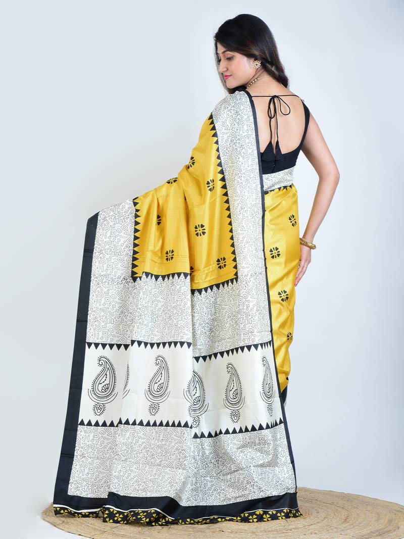 Yellow printed silk unstitched blouse piece elegant traditional saree