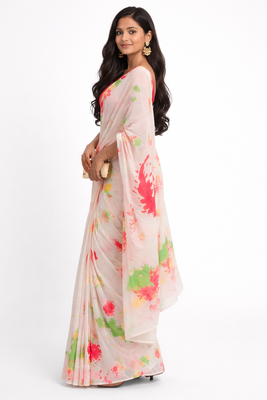 White holi printed khadi unstitched blouse piece elegant traditional saree 2