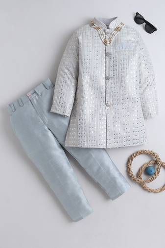 Boys silver grey sequined sherwani & trouser set with necklace