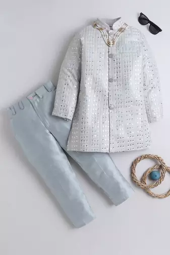 Boys silver grey sequined sherwani & trouser set with necklace